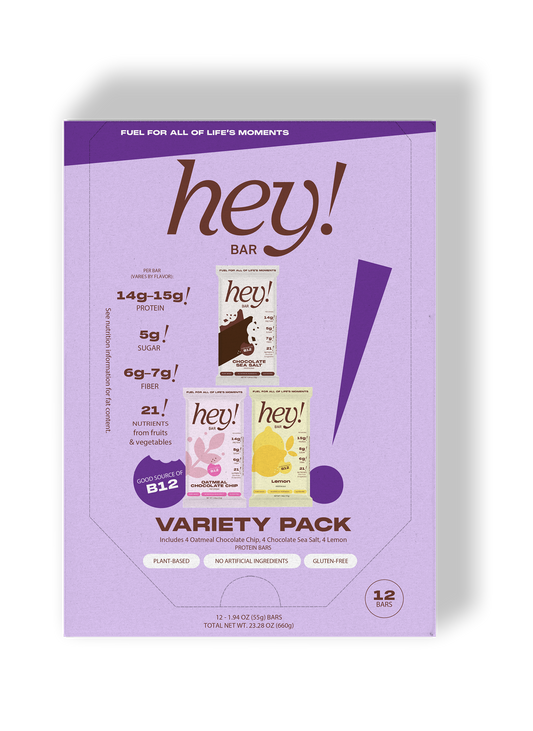 Purple packaging of 'hey!' bars with product details on a white background