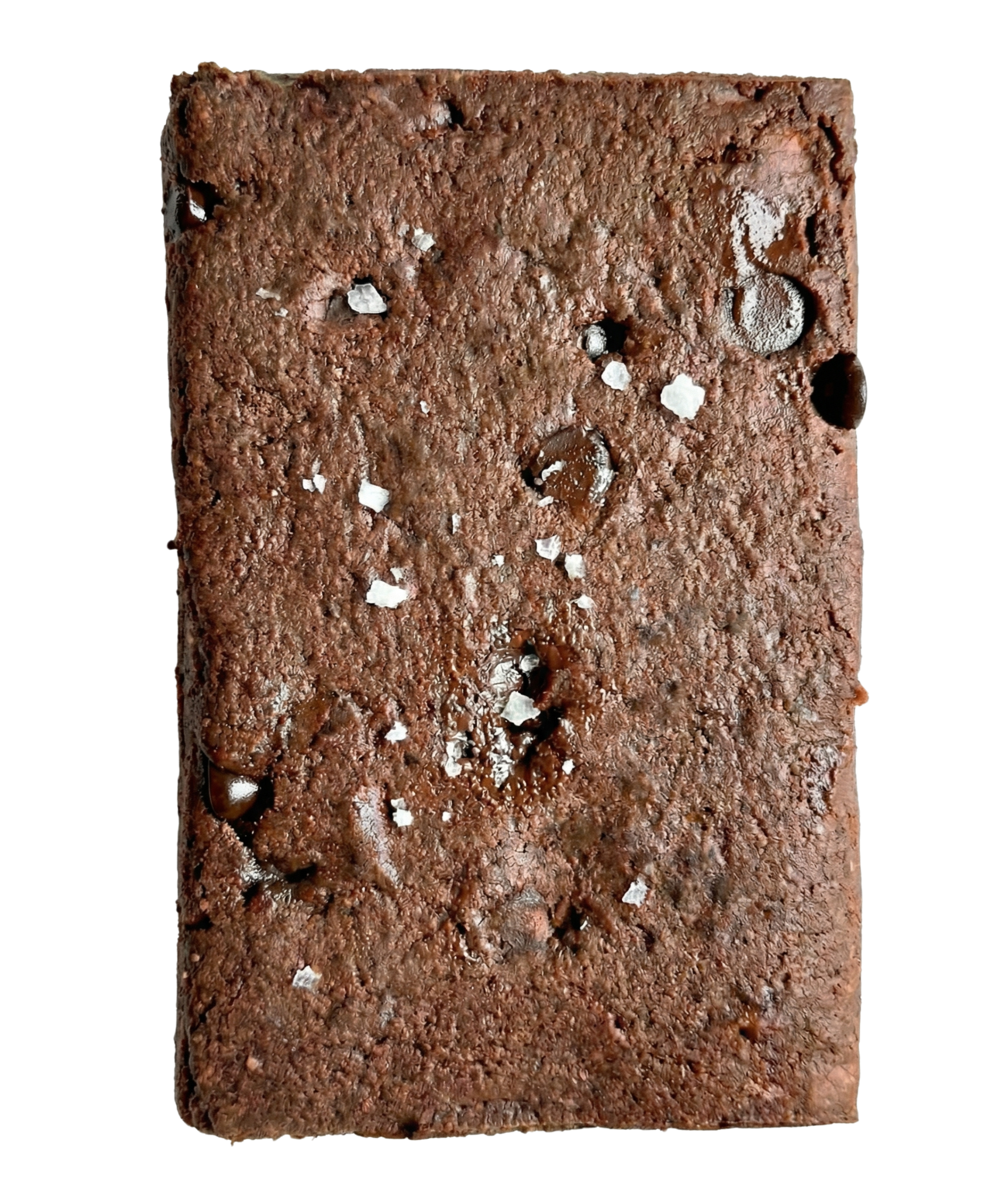 A close up of Chocolate Sea Salt protein bar on a light background, partially unwrapped to show a chocolate bar with visible crisped pieces and chocolate chips.