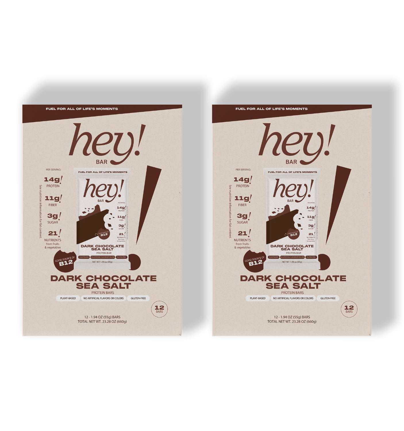 Two brown ‘hey!’ Chocolate Sea Salt 12-bar cartons side by side