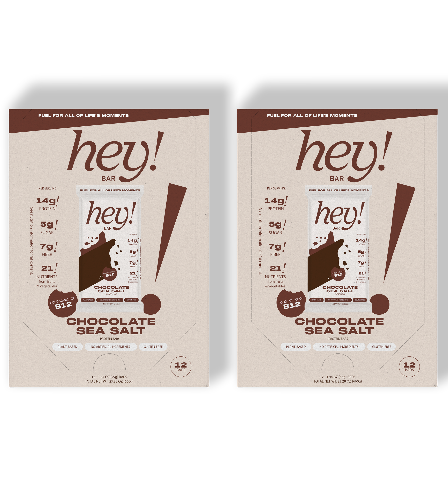 Two brown ‘hey!’ Chocolate Sea Salt 12-bar cartons side by side