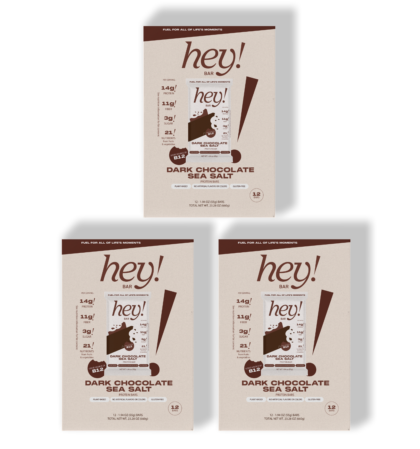 Three ‘hey!’ Chocolate Sea Salt 12-bar boxes—one larger box centered at the top and two smaller boxes side-by-side below.