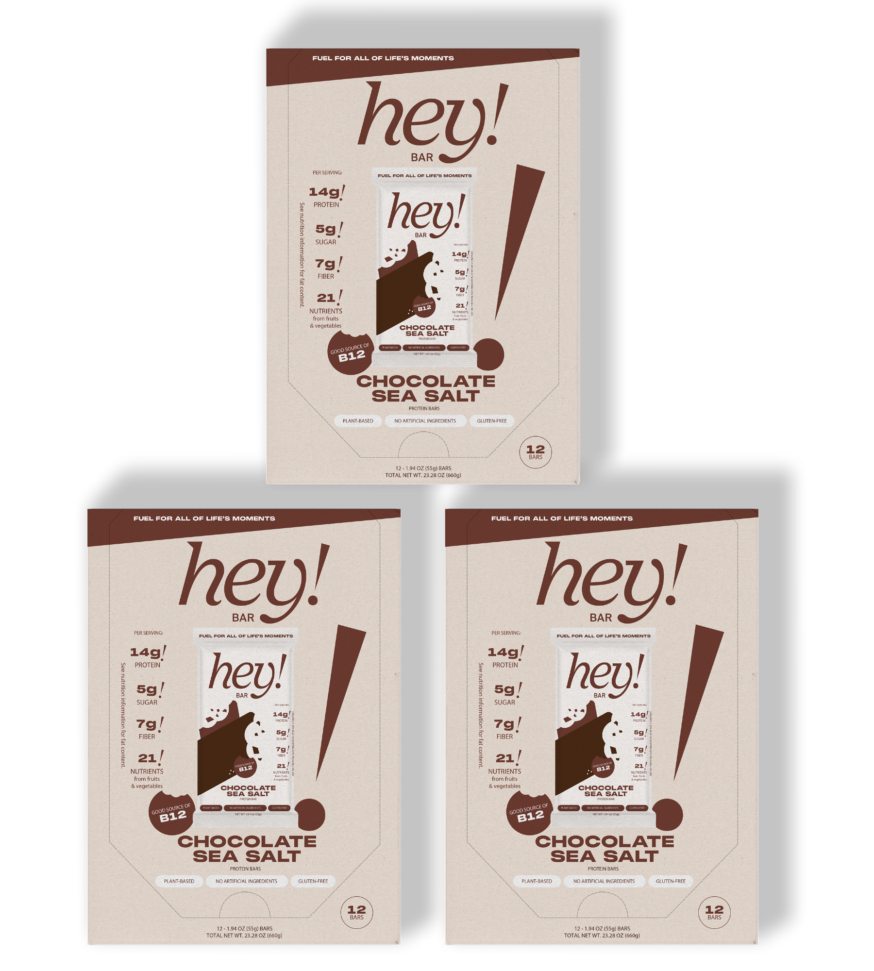Three ‘hey!’ Chocolate Sea Salt 12-bar boxes—one larger box centered at the top and two smaller boxes side-by-side below.
