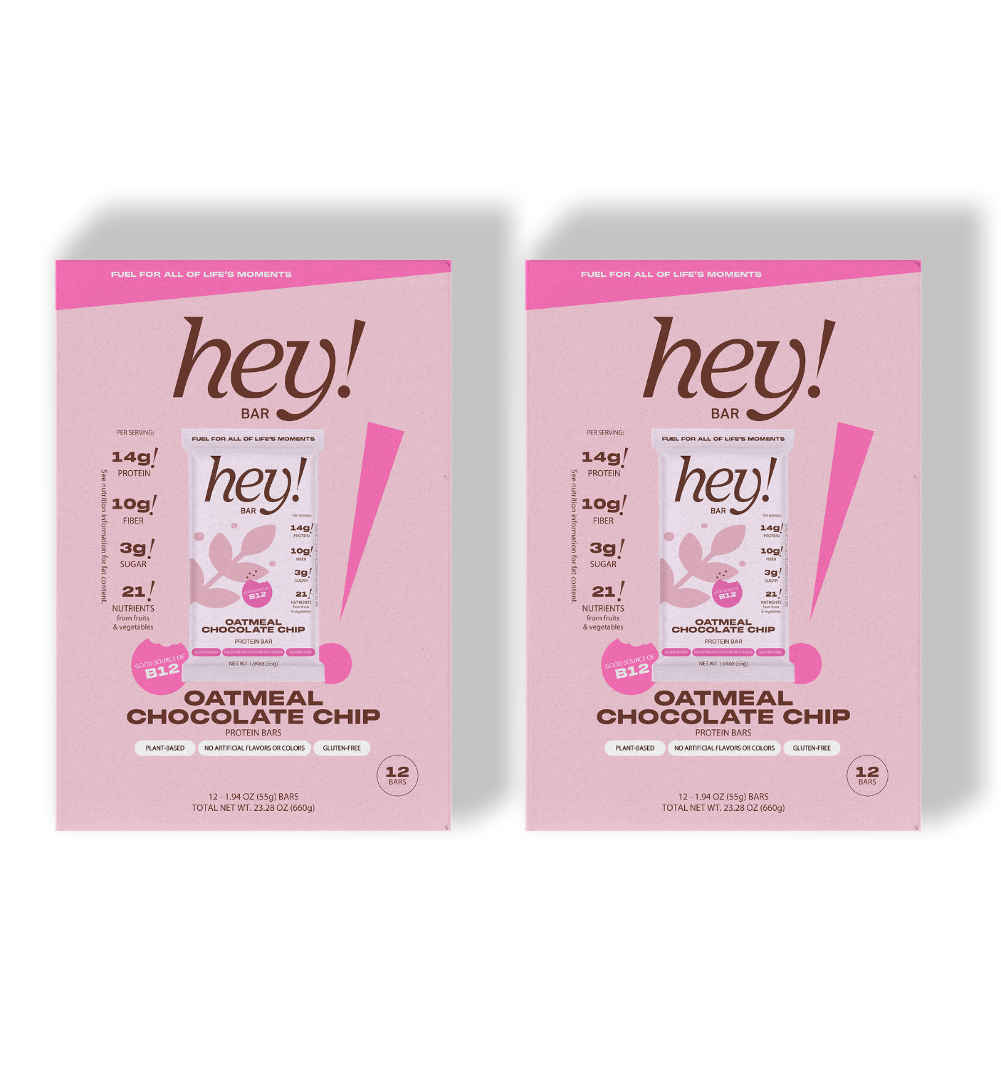 Two ‘hey!’ Oatmeal Chocolate Chip 12-bar boxes side-by-side