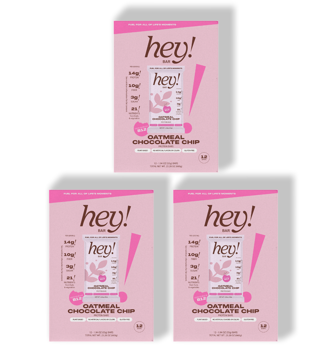 Three ‘hey!’ Oatmeal Chocolate Chip 12-bar boxes—one larger box centered at the top and two smaller boxes side-by-side below