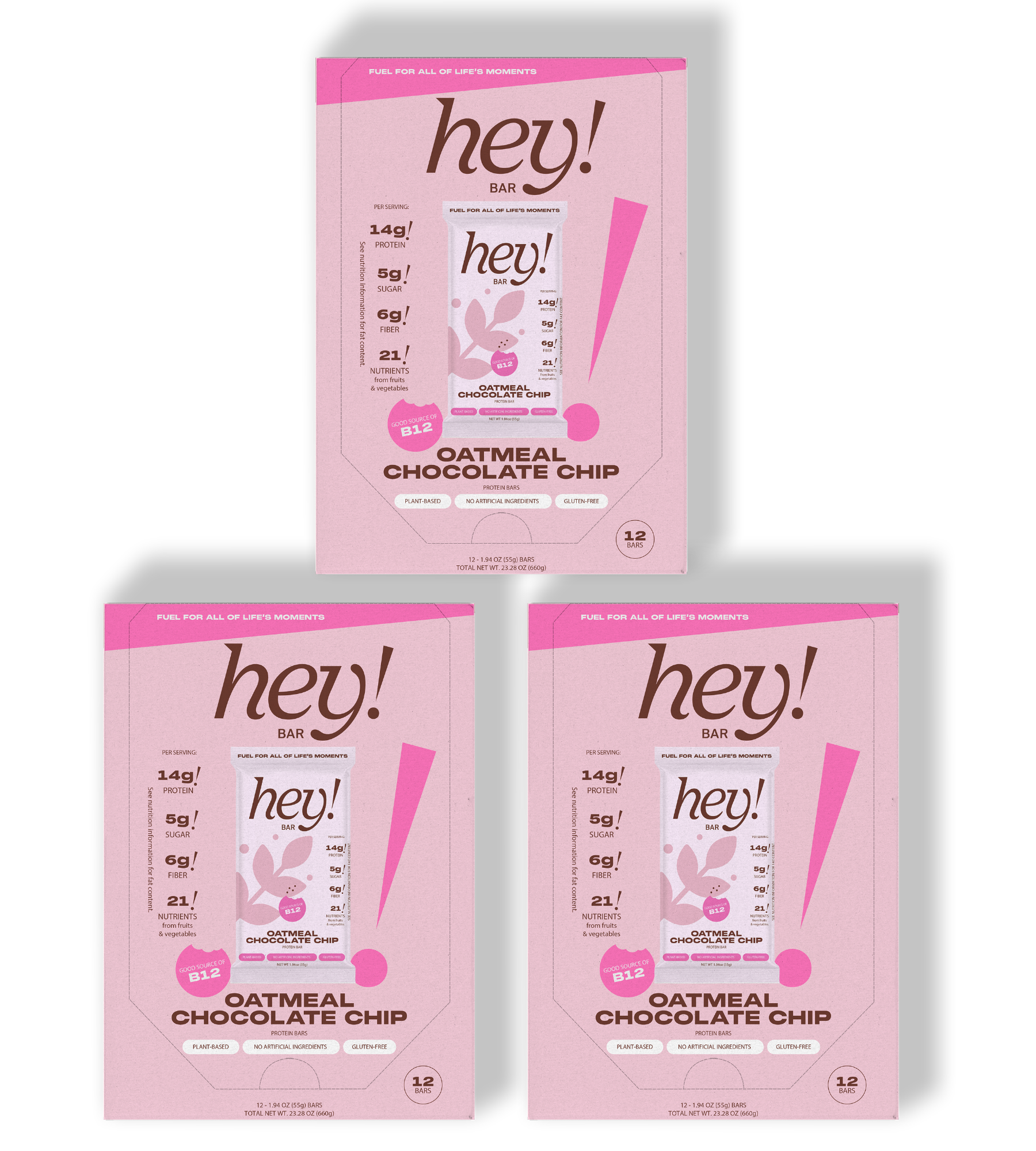 Three ‘hey!’ Oatmeal Chocolate Chip 12-bar boxes—one larger box centered at the top and two smaller boxes side-by-side below