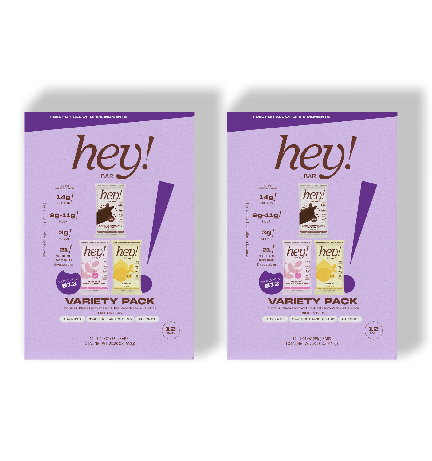 Two purple 'hey!' bar variety packs side by side
