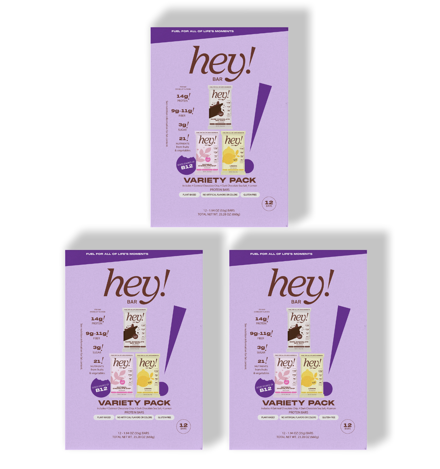 Three purple 'hey!' variety packs- one larger box centered at the top and two smaller boxes side-by-side below.