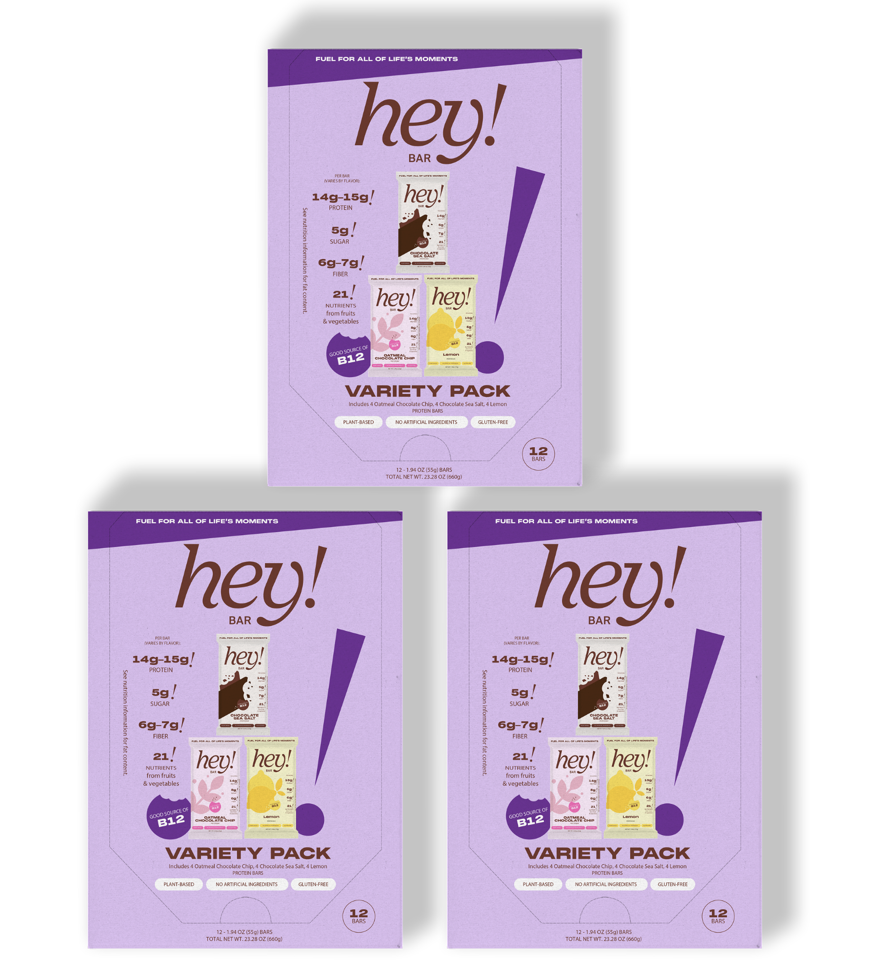 Three purple 'hey!' variety packs- one larger box centered at the top and two smaller boxes side-by-side below.
