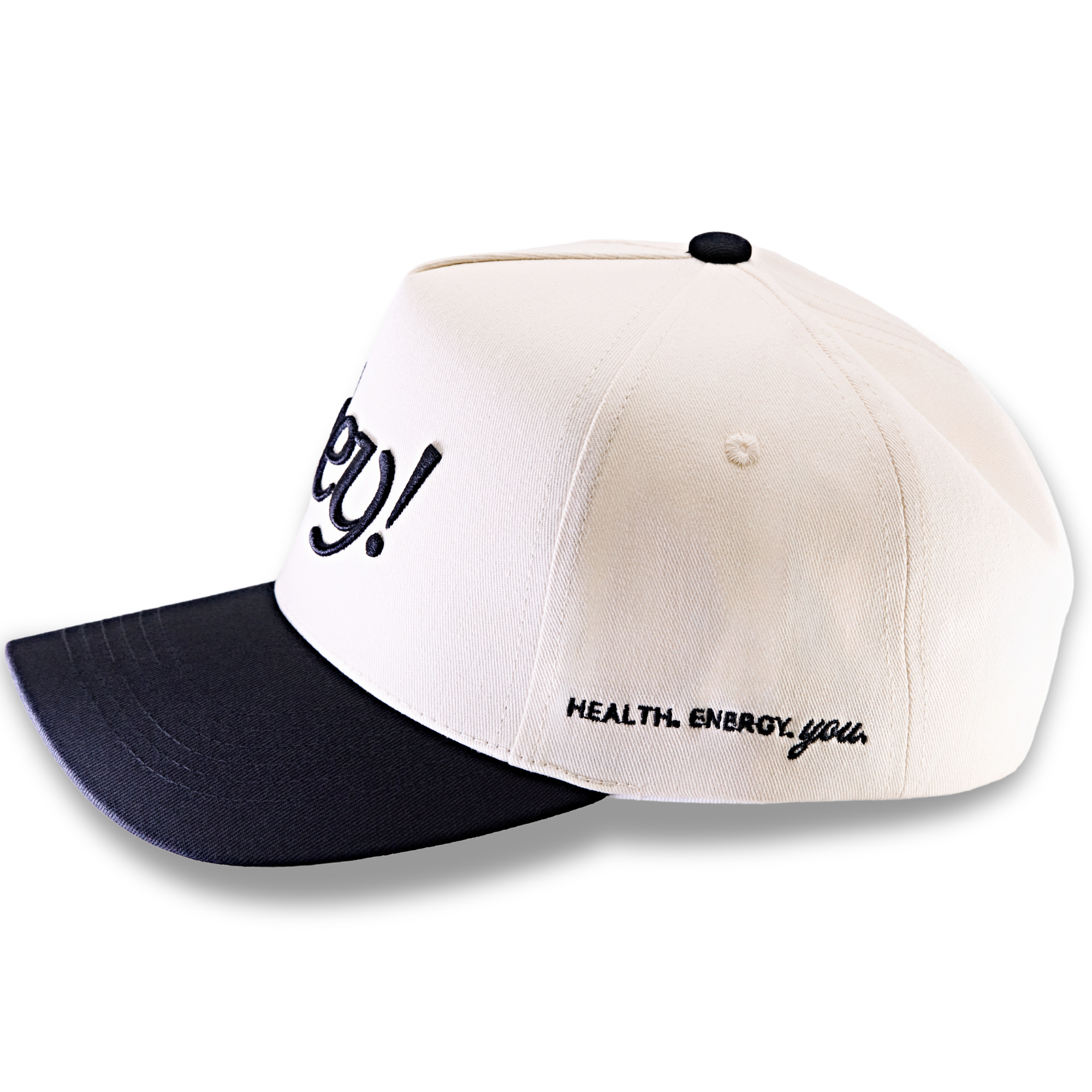Side view of a black hat embroidered with “hey!” and the words “health, energy, you.”