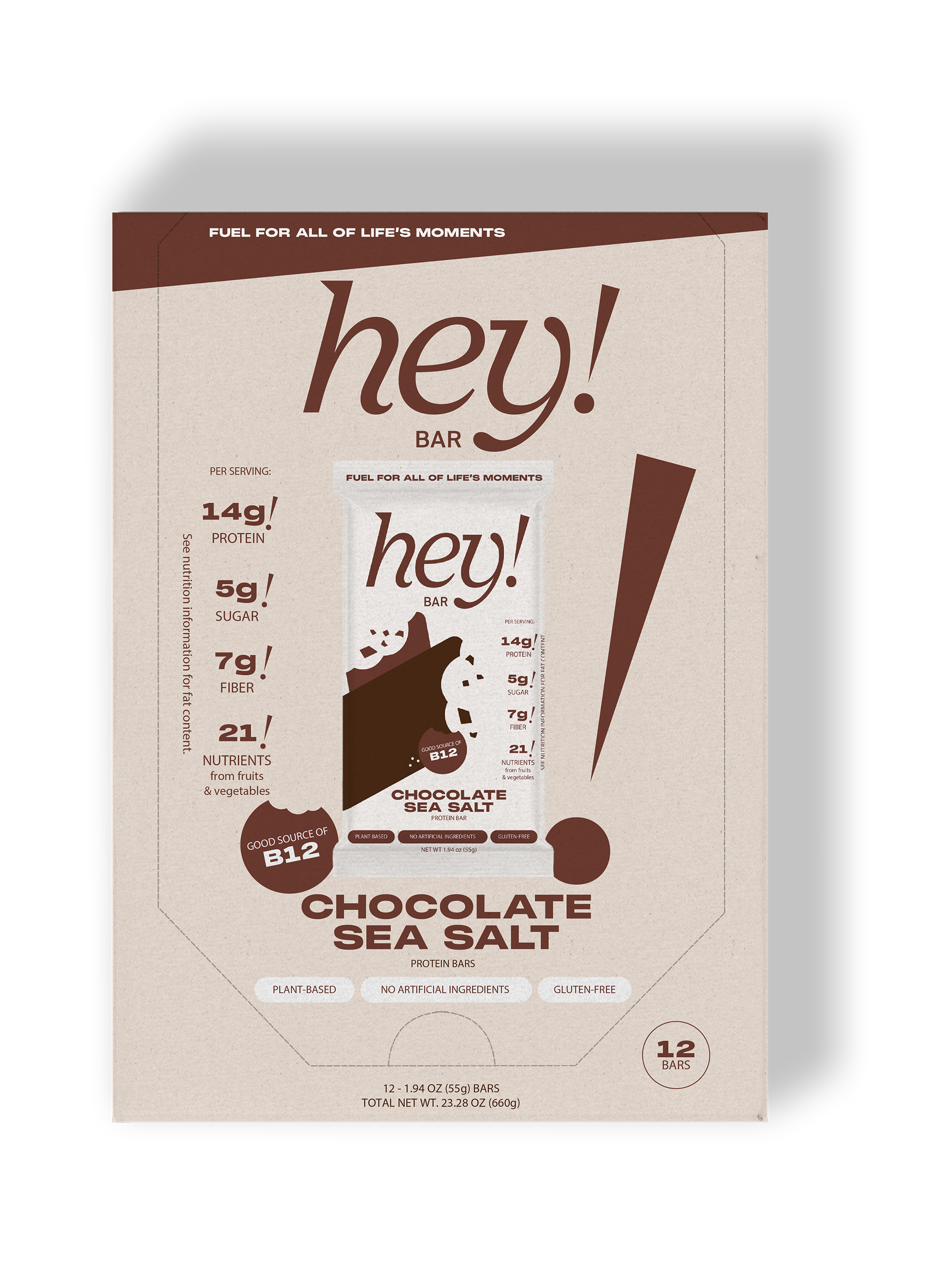 HEY! BAR Chocolate Sea Salt 12-bar carton box in cream packaging with brown “hey!” branding and chocolate bar imagery.
