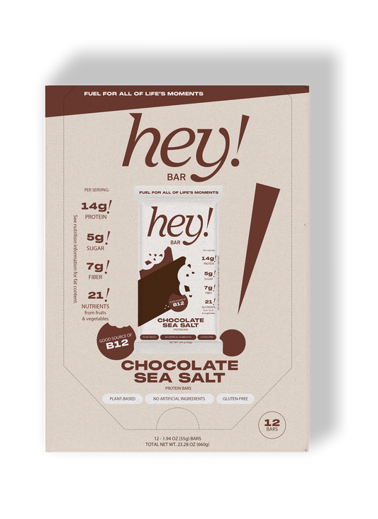HEY! BAR Chocolate Sea Salt 12-bar carton box in cream packaging with brown “hey!” branding and chocolate bar imagery.
