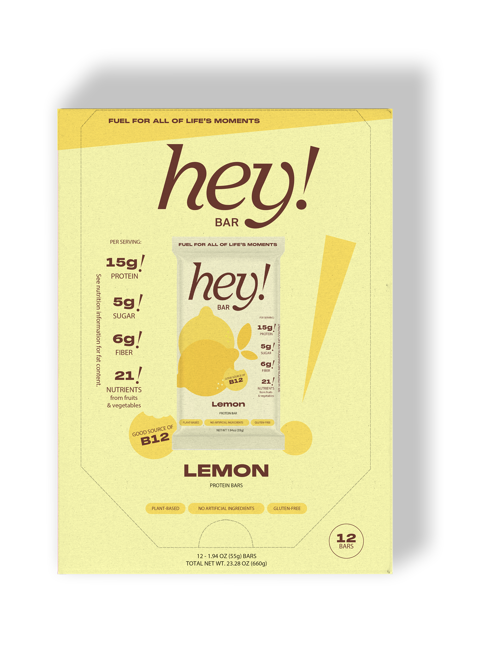 HEY! BAR Lemon 12-bar carton box in pale yellow packaging with green “hey!” branding and lemon imagery.
