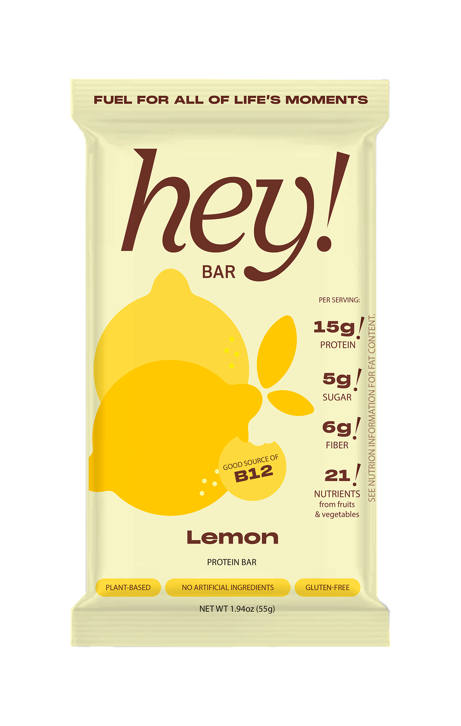 HEY! BAR Lemon wrapper in pale yellow packaging with brown “hey!” branding and lemon graphic.