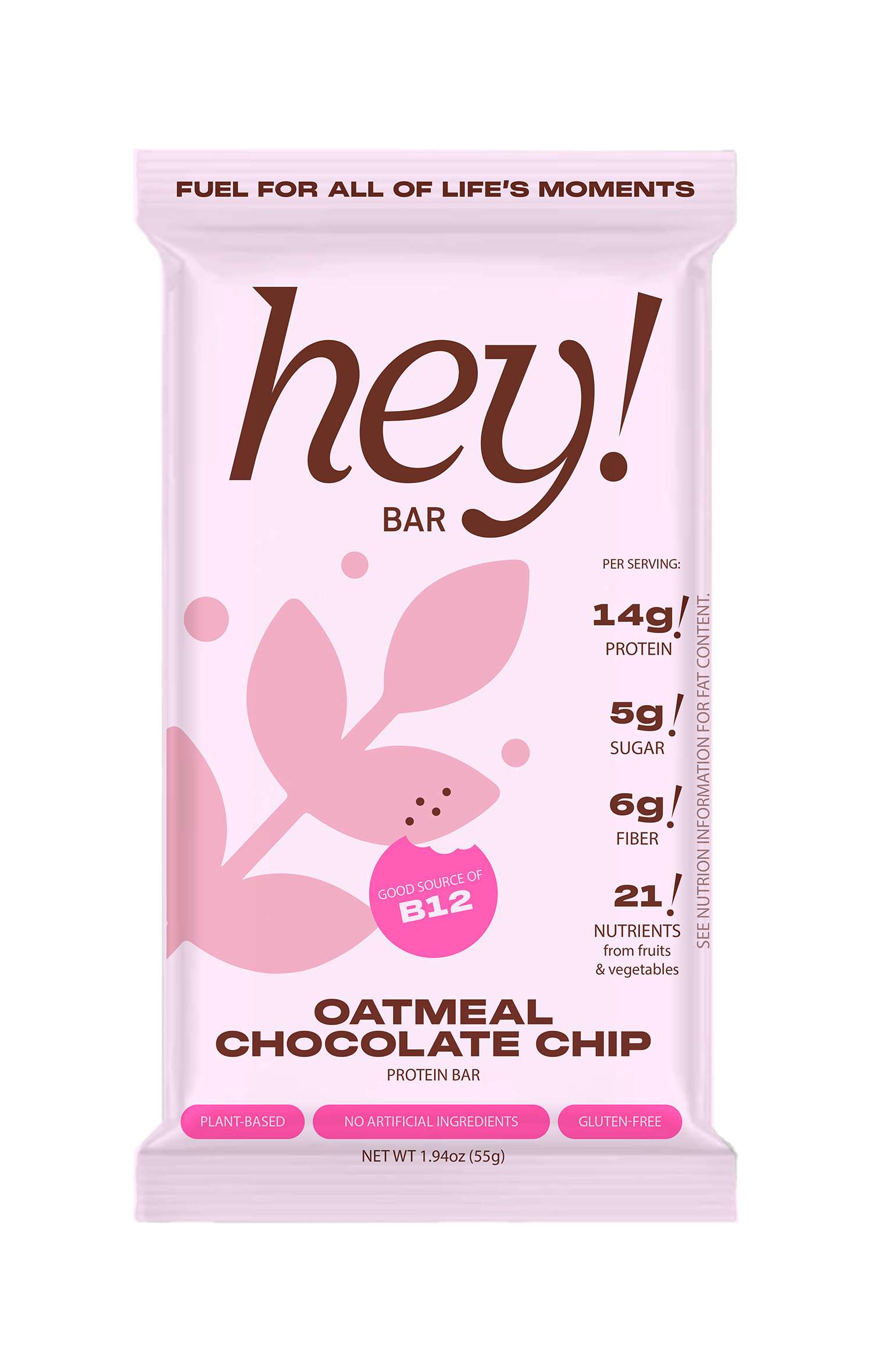 HEY! BAR Oatmeal Chocolate Chip wrapper mockup in light lavender packaging with pink leaf graphic and “hey!” logo