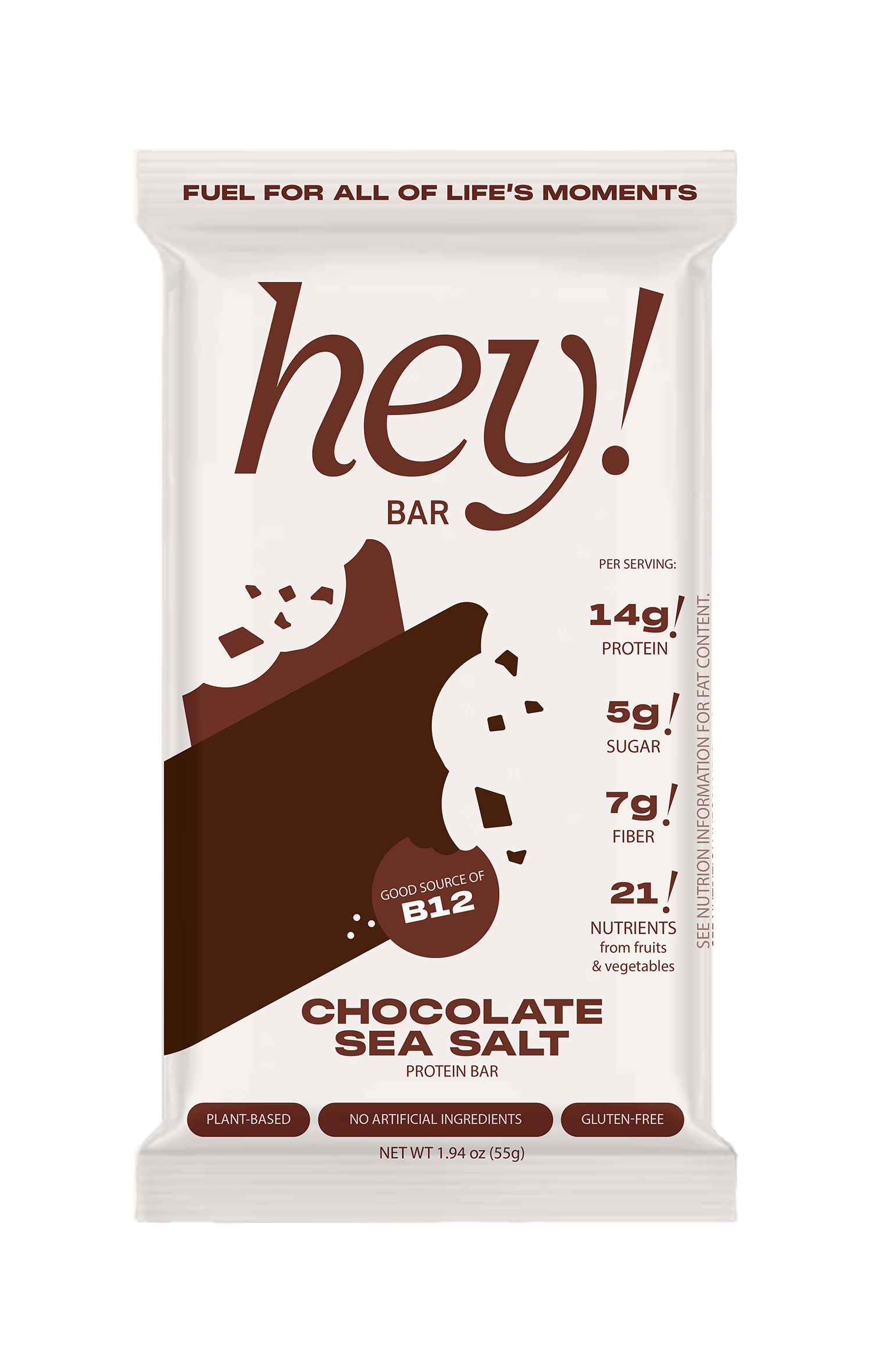 HEY! BAR Chocolate Sea Salt wrapper in cream packaging with brown “hey!” logo and chocolate-and-salt graphic.