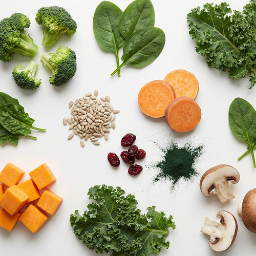 Assorted vegetables including broccoli, carrots, spinach, and butternut squash on a white background