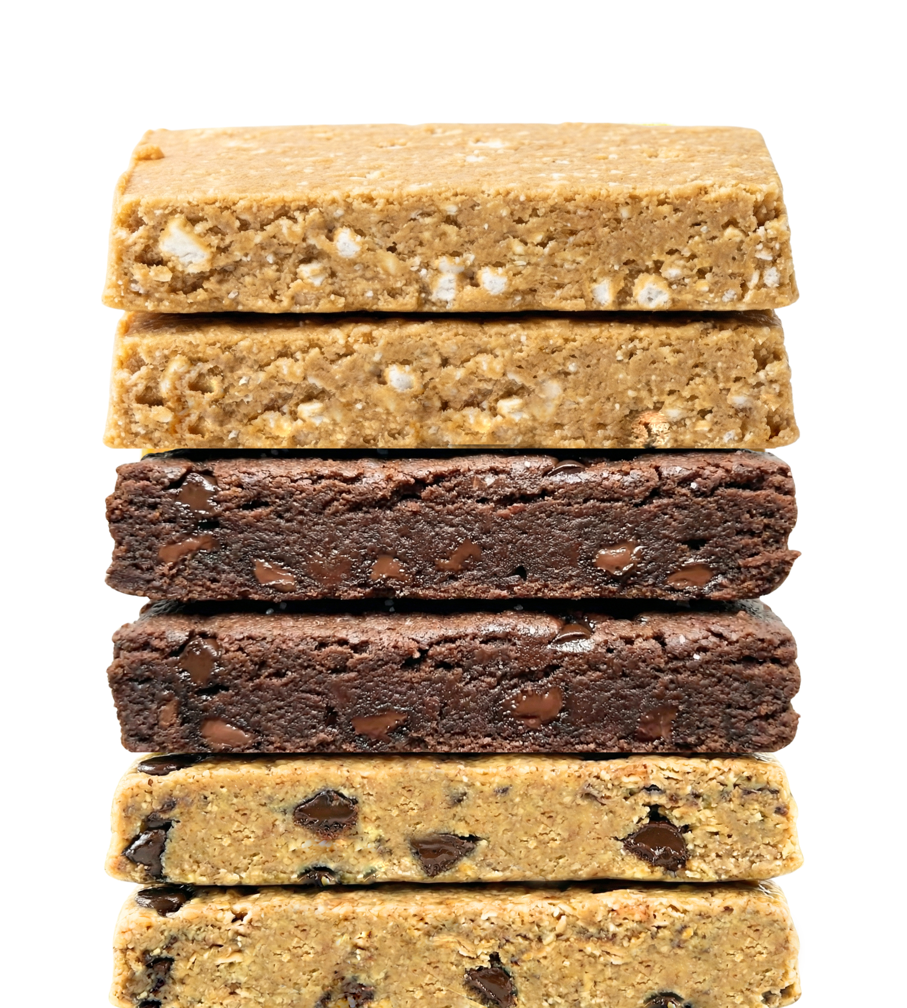 Stack of six protein bar cross-sections on a transparent background: two Lemon bars on top, two Chocolate Sea Salt bars in the middle, and two Oatmeal Chocolate Chip bars on the bottom.
